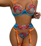 Women’s Floral Satin Embroidered Sexy Silk Vibrant Floral Mesh 4-Piece Leg Garter Lingerie Set, Orange & Blue, Medium
