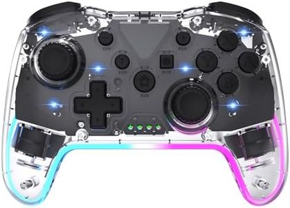 Wireless RGB Gaming Controller Transparent for Nintendo Switch/PC/PS3,Lag Free Gamepad 3 Level Turbo,3 Speed Dual Vibration, 6-Axis Gyro Motion,360°Rocker,Wake Up,600mAh, 7 Diy Ambient Lighting (Clear)