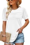 BETTE BOUTIK Womens Tops Puff Sleeve Stretch Haut Casual T Shirt Trendy Summer Short Sleeve Loose Crew Neck Shirts White L