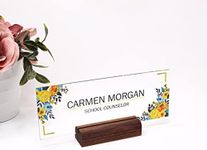 ARTSWAVE Office Desk Name Plate Personalized | Custom Name Plates for Desks on Acrylic Glass Decor | Office Desk Decor Nameplate | Desk Accessories | Yellow Flower