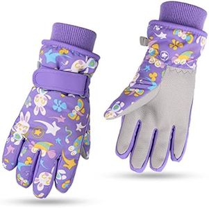 Waterproof Winter Kids Gloves Cartoon Boys Girls Snow Mittens Warm Outdoor Ski Gloves with Fleece Lining (9-13 Years, Purple)