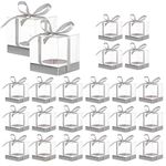 24Pcs Clear Favor Boxes with Silver Ribbon and Insert Transparent Square Cupcake Boxes Carrier Packing Mini Cupcake Dessert Muffin Storage Boxes for Wedding Party and Baby Shower Favors