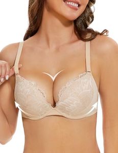 Upushall Padded Push Up Bras for Women V Neck T-Shirt Lace Brassiere with Underwire Support Uplift Bra Add Cup Size, Nude