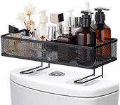 BSTKEY Metal Mesh Over The Toilet Storage Rack, Bathroom Toilet Tank Shelf with 2 Sticky Hooks, Shower Supplies Organizer, Paper Holder (Black)