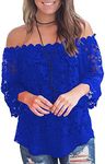 MIHOLL Women's Lace Off Shoulder Tops Casual Loose Blouse Shirts (Blue, XX-Large)