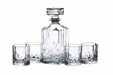 BarCraft Whisky Decanter and Glass Gift Set, Cut Glass 5-piece Set, 900ml Decanter with Silicone Seal Stopper and 4x Tumblers, 26 x 10 x 24cm, Kristall