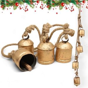 Shabby Chic Vintage Style Harmony Country Style Bells Christmas Decor Mantle Wreath Lucky Charm Christmas Bells, Rustic Decorative Bell 4 Hanging Bells, Brass Gold Cowbells with Jute Rope