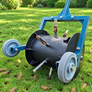 Rolling Lawn Aerator - Manual Push Roller, 7 Non-Clog Hollow Tines(Blue) | Add Sand for Weight, Saves Labor; Wheels Protect Tines on Hard ground; Deep Plugs Relieve Compaction in Lawns, Yards, Soil