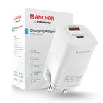 Anchor by Panasonic Type C Dual Port 65W GaN Fast Wall Charger, Compact Travel Adapter with Short Circuit Protection, High Speed Charging for Samsung, iPhone, Headphone, Camera, Laptop
