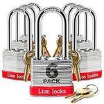 Lion Locks 6 Keyed Alike Padlocks with 2" Long Shackle, 12 Keys - Padlocks for Outdoor Use, Locks with Keys, Hardened Steel Case, Pick Resistant Brass Pin Cylinder for Hasp Latch, Locker, Gate