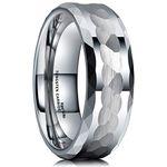 King Will HAMMER Men 8mm Silver Tungsten Carbide Ring Multi-faceted Hammered Polished Finish Wedding Band Multi-Faceted Edge Comfort Fit 12