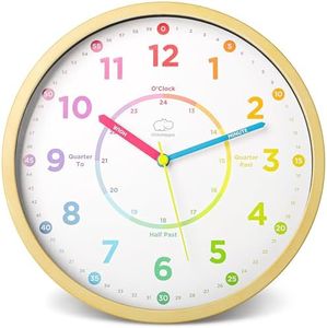 LittleHippo Learning Clock for Kids for Teaching to Tell Time - Kid's Analog, Silent, Non-Ticking Wall Clock for Bedrooms, Nursery, Playroom, School Classroom, Study to Learn to Tell Time
