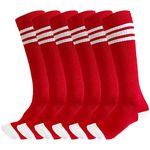 3 Pairs of juDanzy Knee High Boys or Girls Triple Stripe Tube Socks for Soccer, Basketball, Uniform and Everyday Wear (6-10 Years (Shoe Size 1-4), Red with White Stripes (3 Pairs)