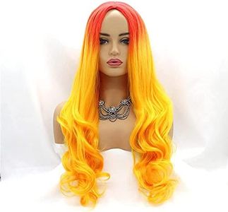 Xiweiya Wigs Ombre Golden Yellow Color Synthetic Wig Long Body Wavy Orange Red Yellow Color None Lace Machine Made for Girl Party