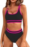 BMJL Women's High Waisted Bikini Sets Sporty Two Piece Swimsuit Color Block Cheeky High Cut Bathing Suits(S,Black Pink)