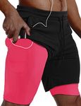 JWJ Mens 2 in 1 Running Shorts Quick Dry Gym Athletic Workout Clothes with Side Pockets, Black Pink, XX-Large