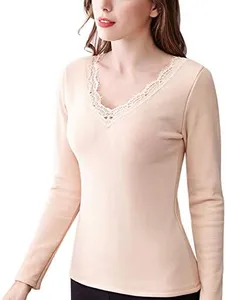 Flygo Womens Thermal Fleece Lined Cotton Underwear Lace Long Sleeve V-Neck Top (Medium, Nude)