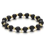 COOLSTEELANDBEYOND Mens Womens Volcanic Lava Stone Bracelet with Small Gold Color Beads, Prayer Mala