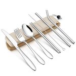 LIANYU 9-Piece Travel Utensils Silverware Set, Stainless Steel Knife Fork Spoon, Chopsticks, Metal Straws, Cleaning Brush, Wheat Case and Bag