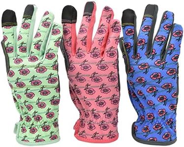 Women All Purpose Gardening Gloves High Performance Weeding Gloves Assorted Colors 3 Pair Value Pack Flower Pattern Touchscreen Feature, fits All.