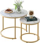 Huhote Round Coffee Tables, Set of 2 End Table, Nesting Tables, Side Table with Metal Frame for Living Room/Bedroom/Balcony/Office/Apartment, Diameter 23.6/15.7 IN (Gold Frame, White Marble Top)