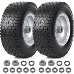 (2-Pack) 13x5.00-6 Flat Free Tire and Wheel Assemblies - Compatible for 13x5-6 Solid Rubbe Riding Lawn Mower Wheels and Tires - With 3" Centered Hub and 3/4" Bushings (Extra 5/8" Bushings)