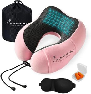 Crowea Travel Pillow - 100% Pure Memory Foam Neck Pillow with 360 Degree Comfortable & Breathable Head Support, Includes Luxury Bag, Sleep Mask & Earplugs for Airplane, Car, Train and Bus (Pink)