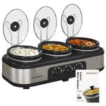 Sunvivi Slow Cooker with 10 Cooking Liners, Triple Slow Cooker Buffet Server 3 Pot Food Warmer for Parties with 3 Spoons ? Lid Rests,Adjustable Temp, 3 * 1.5 Quarts Silver