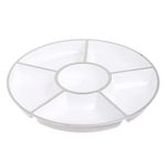 STACKABLES 4 Pack White Compartment Trays with Silver Rim 12'' Serving Platters ~ Reusable Plastic Serving Tray ~ 6 Sectional Platter Catering Trays for Appetizers Salads Snacks & Party Food