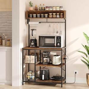 Bestier Bakers Rack with Power Outlet, 5-Tiers Microwave Stand with Storage, Coffee Bar with Paper Holder & Wire Basket, Adjustable Kitchen Storage Shelf with 10 Hooks, Rustic Brown