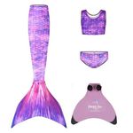 Planet Mermaid Kids Deluxe Set Vivid Colour Mermaid Tail Swimming Costume for Girls. Includes Swimming Aid Magic Pink Fin, Tail, Crop Top & Briefs. Purple Surf, Age 9-11