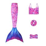 Planet Mermaid Kids Exclusive 4 Piece Ultimate Set Mermaid Tail Swimming Costume for Girls. Includes Mermaids Tail (Monofin NOT Included), Tankini Top, Headwrap & Scrunchie. Ocean Kiss, 6-7 Years