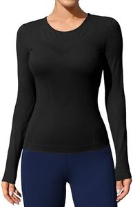 ATTRACO Fitted Long Sleeve Shirt Women Black Workout Top Slim Fit Compression Thermal Shirts L