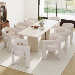 RIVOVA Modern Barrel Dining Chairs Set of 8, Linen Upholstered Accent Side Chair with Arms Comfy Makeup Vanity Chairs, Dining Living Room Kitchen Chairs, Beige