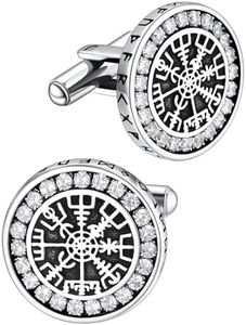 Shining CZ Cufflinks for Men Women, Viking Vegvisir Cuff Links Sets for Business Wedding, Silver Black Stainless Steel Shirt Accessories
