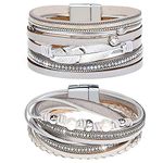 Gleamart Silver 2 Pieces Multilayer Leather Bracelet Set Beads Wrap Bangles with Magnetic Buckle for Women 03