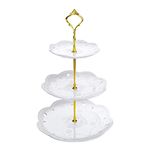 MALACASA, Series Sweet.Time, 14.5" Tall 3 Tier Cake Stands (6" & 8" & 10") Round Ceramic Dessert Cake Tower Stand, Porcelain Party Food Server Display Holder with Golden Carry Handle, White