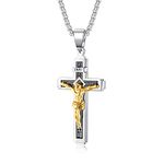 Rockyu Crucifix Necklace men Stainless Steel Silver Chain 22 Inch Gold and Silver Tone Jesus Cross Pendant Catholic Jesus Christ on INRI Cross Religion Jewelry