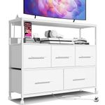 Adoture Dresser with Charging Station, Chest of Drawers for Bedroom with 5 Fabric Bins, TV Stand with Open Storage Shelf, TV Table with 4 Castors for Living Room, Hallway (White)