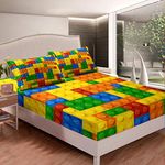 Kids Games Bed Sheet Set for Child Bedroom Color Building Blocks Fitted Sheet for Boys Girls Gift Toy Brick Bedding Set Nursery Bed Cover with Pillowcase Decor 2 Pcs Twin Size