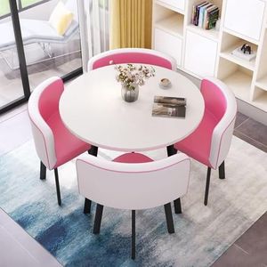 WOOOFA Round Dining Table Set for 4, Faux Marble Conference Table and Chairs Set, Kitchen Table Chairs Set with Strong Metal Frame, Space-Saving, Office Table and Chair Set for Home and Apartment
