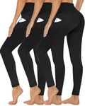 CAMPSNAIL Leggings for Women with Side Pockets High Waisted Gym Yoga Sports Running Stretchy Leggings Soft Opaque Tummy Control Workout Pants Ladies (UK 4-10,3er Paar Black)