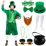 Capoda 12 Pcs St Patrick's Day Leprechaun Costume Men's Green Leprechaun Suit Irish Shamrock Accessories for Adult (Large)