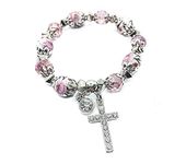 Nazareth Store Rosary Bracelet Christian Charm Crystallized Pink Beads Decorated with Flowers and Silver Cross