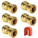 QuickFitting 1/2 Inch Push to Connect Coupling | Patented Design for Superior Sealing | Push On Brass Plumbing Pipe Fitting | for Copper, PEX and CPVC | 5-Pack PushFit Straight Connectors