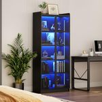 Display Cabinet with Doors and Adjustable Shelves, 65" Tall Bookcase with Metal Handle/LED Lights/Human Sensor, 5 Tier Display Case for Collectibles Bedroom Living Room Office, Black