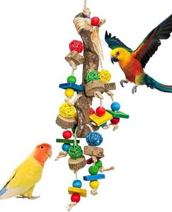 TUFEZIAN Retro Style Bird Toys, Parrot chew Toys, Colored Wood Blocks with Original Tree Branches and Rattan Balls, Suitable for Macaws, African Grey Parrots and Large, Medium and Small Parrots