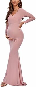 Eavoqinjiaf Maternity Dress Off Shoulder Maternity Gown Long Sleeve Cross-Front V Neck Photography Dress for Photoshoot Dark Pink