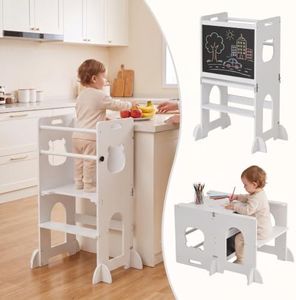 APRTAT 4-in-1 Toddler Kitchen Step Stool, Foldable Montessori Learning Tower with Blackboard, Wooden Kitchen Stool Helper for Kids Ages 1–3, Anti-Tip Standing Tower for Boys Girls (White)
