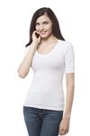 Hollywood Star Fashion Young Women's Elbow Sleeve V Neck Plain top Shirt(Medium, White)